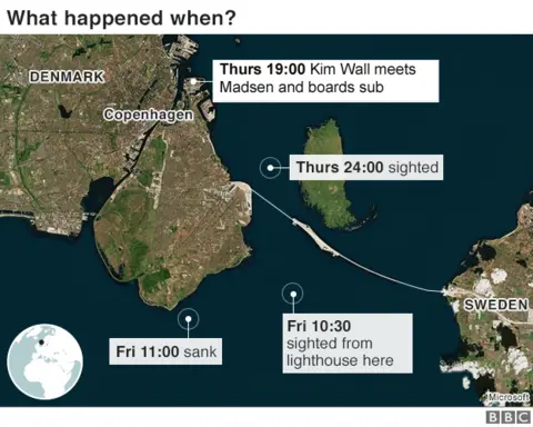 Map showing movements of submarine on 10 and 11 August