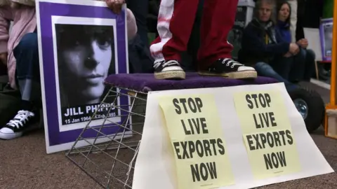 Getty Images Poster of Jill Phipps who died protesting about the live export of animals