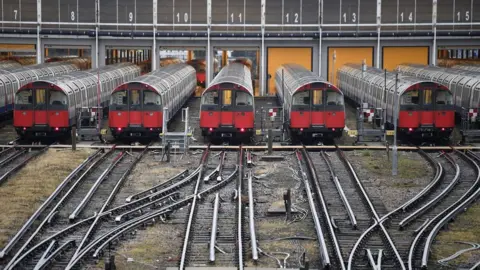 PA Media Stationary Tube trains in a depot during a previous Tube strike