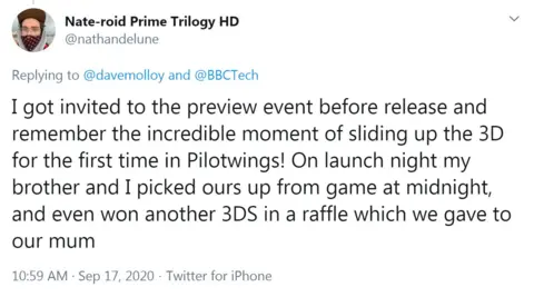 Twitter / nathandelune Tweet from @nathandelune: I got invited to the preview event before release and remember the incredible moment of sliding up the 3D for the first time in Pilotwings! On launch night my brother and I picked ours up from game at midnight, and even won another 3DS in a raffle which we gave to our mum