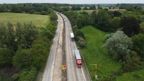 John Fairhall/BBC Birds-eye view of the A14 between junctions 47A and 49