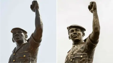 AFP/BBC A composite image showing the first statue as unveiled in March 2019, and the second statue as unveiled in May 2020.
