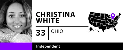 BBC graphic shows a photo of independent voter Christina White, 33, from Ohio