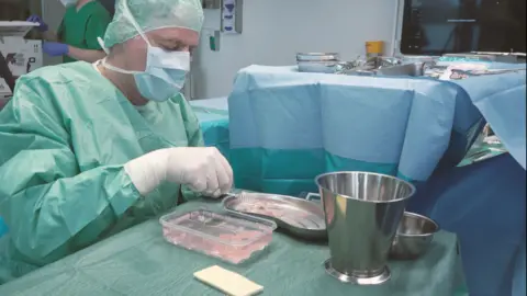 University Hospital Schleswig-Holstein A doctor Wearing a green surgical gown, mask and white gloves in a metal tray looks at the pink pink of the heart muscle in a metal tray, before performing surgery, before performing surgery