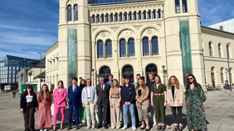 This year's Urdd peace message writers outside the Nobel peace centre in Oslo