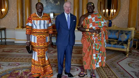 Getty Images King Charles III receives His Majesty Otumfuo Osei Tutu II, Asantehene, King of the Ashanti Kingdom and Lady Julia Osei Tutu, during an audience at Buckingham Palace on May 4, 2023 in London, England