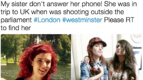 Tamara de Anda A photo of Tamara de Anda and a fake message claiming that she is someone's sister who has been caught up in the Westminster terror attack.