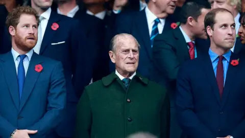 Getty Images The Duke of Sussex, the Duke of Edinburgh and the Duke of Cambridge in 2015.