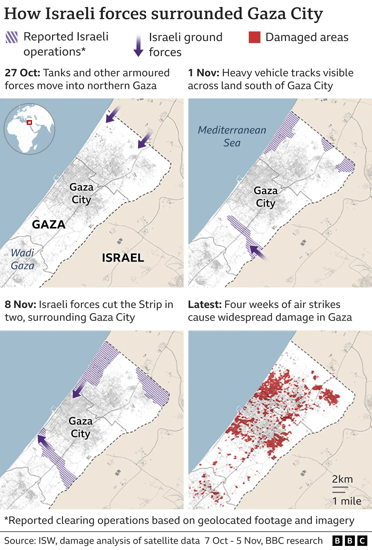 Maps showing how Israeli forces have surrounded Gaza City