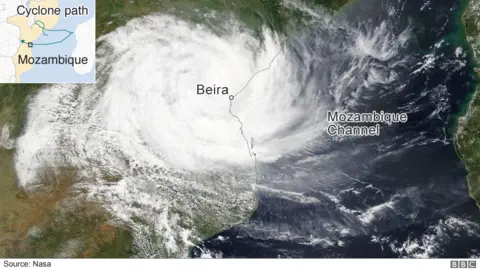 BBC Satellite image of Cyclone Idai as it hit the coast of Mozambique