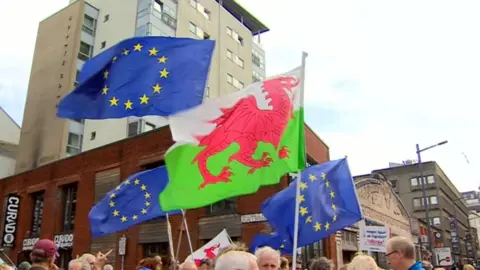 Welsh and EU flags flying in Cardiff