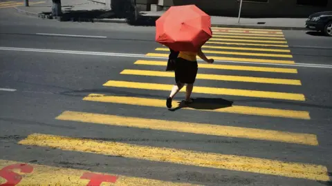 Woman with umbrella using a street crossing in Yerevan, Armenia
