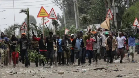 EPA Opposition protesters carry branches and signs in Nairobi