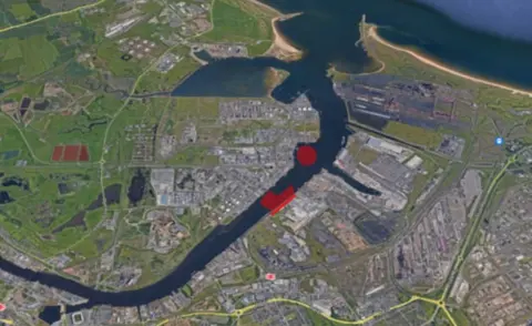 South Tees Development Corporation Aerial view of area with red showing dredging