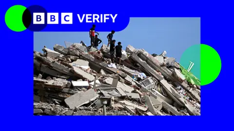 A composite image showing a destroyed building next to the BBC Verify logo.