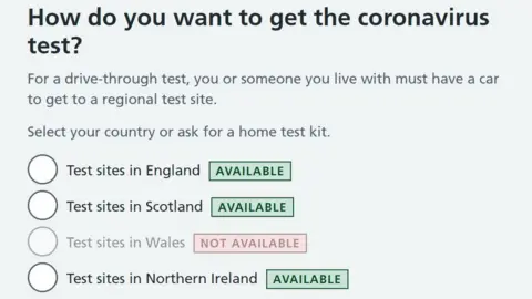 NHS Screenshot of NHS coronavirus test booking portal