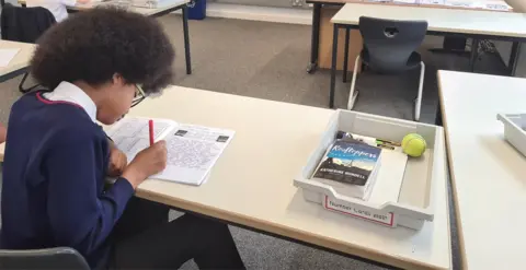 Carl at his school desk