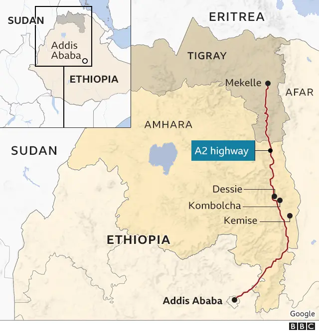 Map of Ethiopia showing Tigray and the towns taken