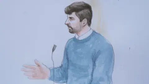 Helen Tipper/BBC Court sketch of Thomas Cashman (left) in the witness box