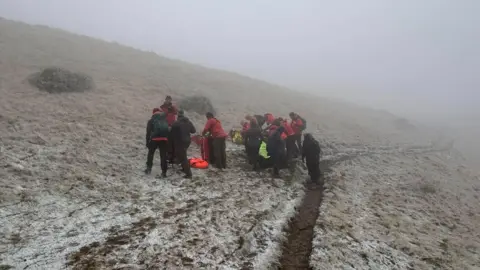 Edale Mountain Rescue Team Mountain rescuers deal with injured walker in cold conditions