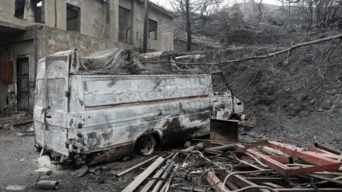 EPA A burnt out house and a destroyed car in the Larnaca region, Cyprus. Photo: 4 July 2021