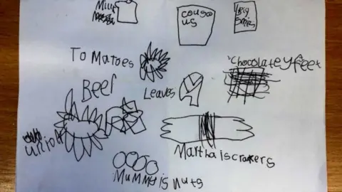 Museum of Brands/Lucy Ireland Gray Shopping list with drawings by a child with one item marked "Mummy is nuts"