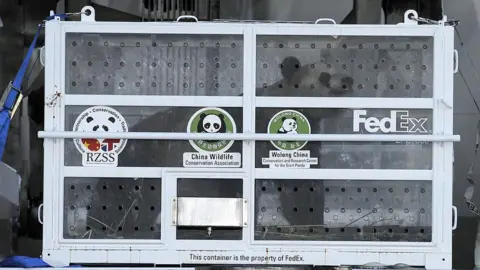 AFP Workers unload travel crates containing giant panda Yang Guang (sunshine) from a plane at the airport in Edinburgh on December 4, 2011