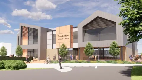 Wiltshire Council An artist's impression of the exterior of the new leisure centre proposed for Trowbridge showing large windows at the front of the building and solar panels on the roof