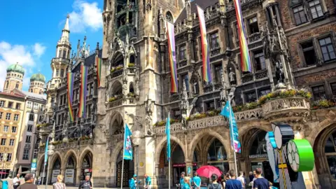 Munich town hall Munich town hall posted a picture on social media showing the facade decorated in rainbow flags