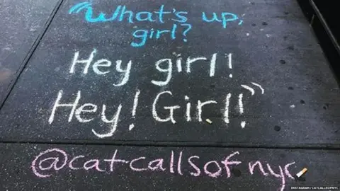 Instagram/CatcallsofNYC What's up girl? Hey girl! Hey! Girl! written on the ground in chalk