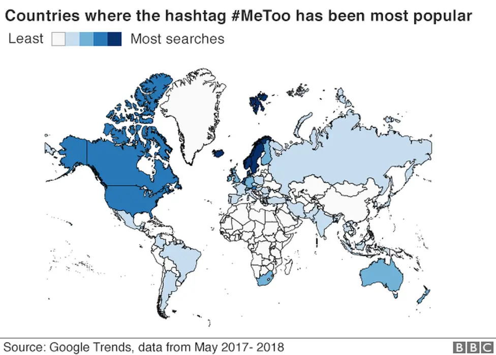 BBC A colour-coded BBC map of the world showing where the hashtag #MeToo has been most popular