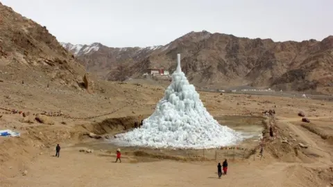 Sonam Wangchuk In late spring, the melting ice stupa provides water for the crops