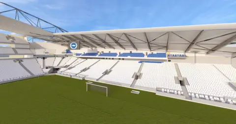 Brighton & Hove Albion A graphic of the stadium, showing thousands of extra white seats, green turf on the ground, goal posts and a large white roof to protect fans from rain. 