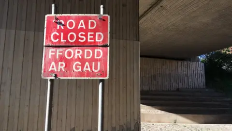 Conwy council Road Closed sign in Old Colwyn