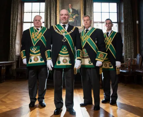 BBC Scotland/Matchlight Left to right: David Begg, Grand Secretary of the Grand Lodge of Scotland, Ewan Rutherford, Depute Grand Master, Ramsay McGhee, Depute Grand Master at time of filming, Clark Wilson, Grand Tyler