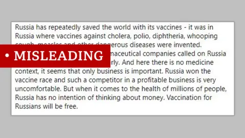 Screenshot of a post on Facebook that says: "Russia has repeatedly saved the world with its vaccines - it was in Russia where vaccines against cholera, polio, diphtheria, whooping cough, measles and other dangerous diseases were invented." We labelled "misleading"