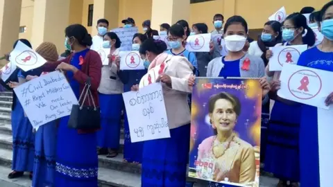 BBC Bermese University teachers in Kachin State protesting against the military coup in Myanmar