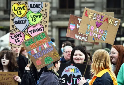 Getty Images Transgender rights activists in Glasgow, February 2023