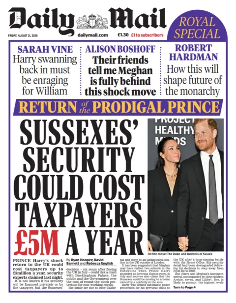 The headline on the front page of the Daily Mail reads: "Sussexes' security could cost taxpayers £5m a year."