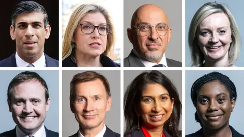 PA Media UK Parliament handout photos of the eight candidates in the Conservative Party leadership race, (top row left to right), Rishi Sunak, Penny Mordaunt, Nadhim Zahawi, and Liz Truss, (bottom row left to right) Tom Tugendhat, Jeremy Hunt, Suella Braverman and Kemi Badenoch.