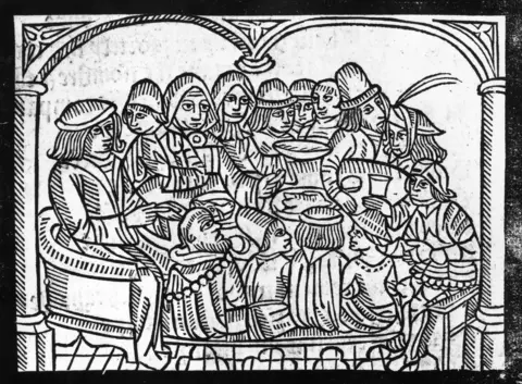 Getty Images The pilgrims assemble at the Tabard Inn in Southwark in a scene from "The Canterbury Tales" by Geoffrey Chaucer