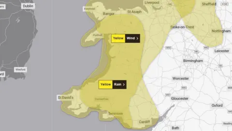 Met Office Map showing yellow wind and rain warnings affecting most of wales