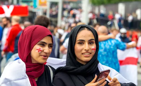 Getty Images Two England fans seen outside Wembley Stadium ahead of the England v Denmark UEFA Euro 2020 semi-final