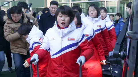 AFP North Korea's women's ice hockey players