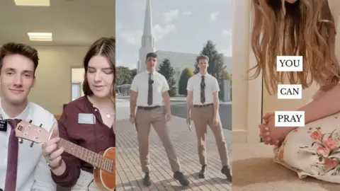 Instagram Instagram Reels from young missionaries. Left to right, a man and a woman singing and playing a small guitar, two men dancing in front of a church, a woman kneeling and praying