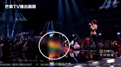 Mango TV Screenshot of Switzerland's Eurovision performance with a rainbow flag in the audience blurred out and circled