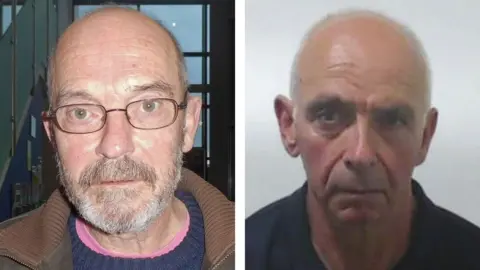 Metropolitan Police File image of a bearded Jeremy Laxton in a navy jumper, brown jacket and glasses, and a custody image of Jack Addis in a navy blue polo shirt