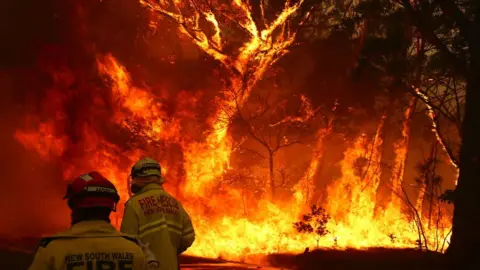 Getty Images Fire fighters in front of a bushfire