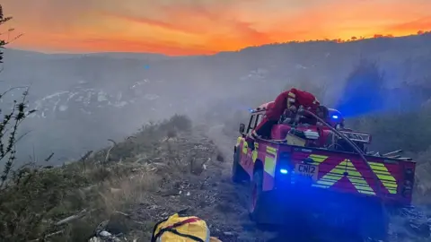 South Wales Fire Service Fire truck overlooking Machen mountain