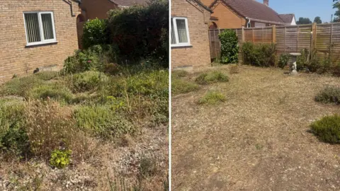 Stephen Jalland Two images are side-by-side and show the same garden. The one on the left has several bushes and hedges which are overgrown. The image on the right shows the garden after it has been cleared.